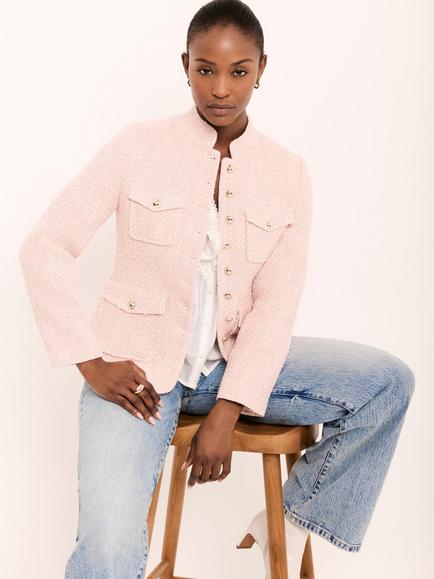 Mint Velvet Appliqué Trim Boucle Jacket, Light Pink, Light Pink