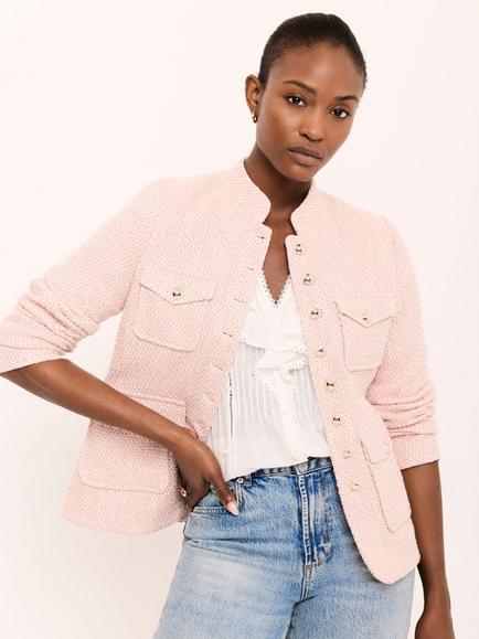 Mint Velvet Appliqué Trim Boucle Jacket, Light Pink - view 2, Light Pink