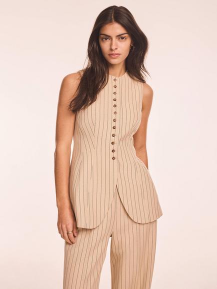 Mint Velvet Pinstripe Longline Waistcoat, Brown Camel, Brown Camel