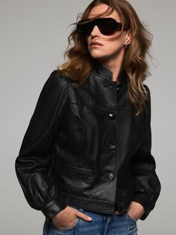 Mint Velvet Puff Sleeve Pure Leather Jacket, Black, Black
