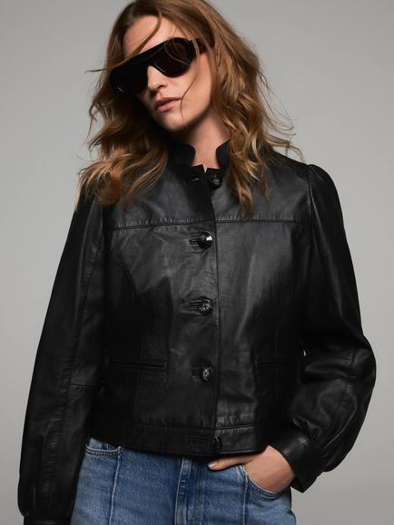 Mint Velvet Puff Sleeve Pure Leather Jacket, Black - view 2, Black