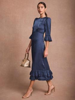 Mint Velvet Metallic Ruffle Trim Midi Dress, Blue Navy, Blue Navy