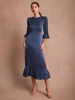 Mint Velvet Metallic Ruffle Trim Midi Dress, Blue Navy - view 2, Blue Navy
