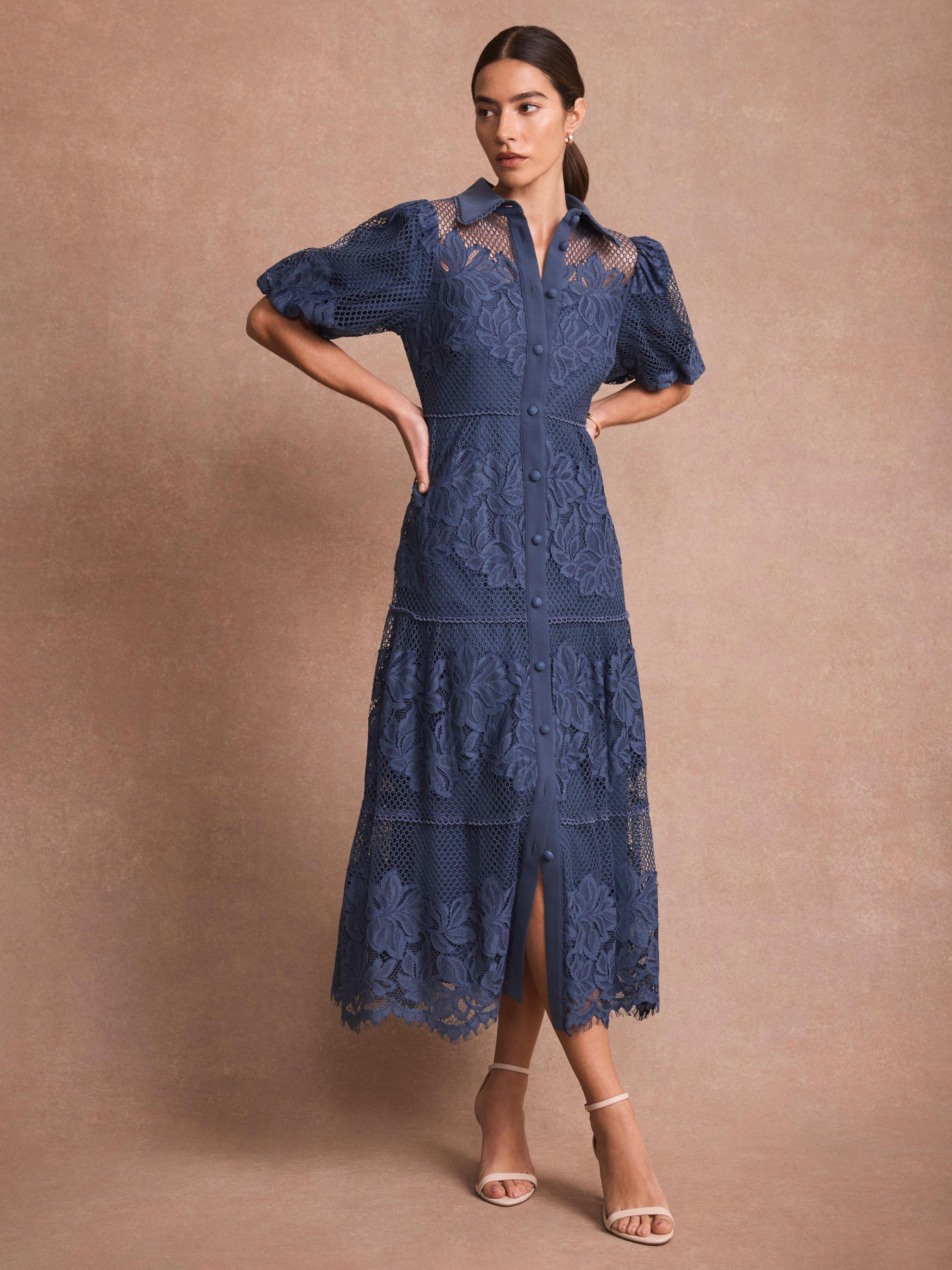 Mint Velvet Floral Lace Shirt Midi Dress, Blue Navy