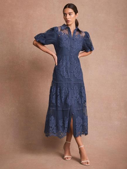 Mint Velvet Floral Lace Shirt Midi Dress, Blue Navy, Blue Navy
