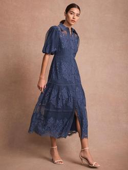 Mint Velvet Floral Lace Shirt Midi Dress, Blue Navy - view 2, Blue Navy