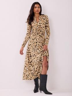 Mint Velvet Animal Print Ruched Waist Midi Dress, Gold/Multi - view 2, Gold/Multi