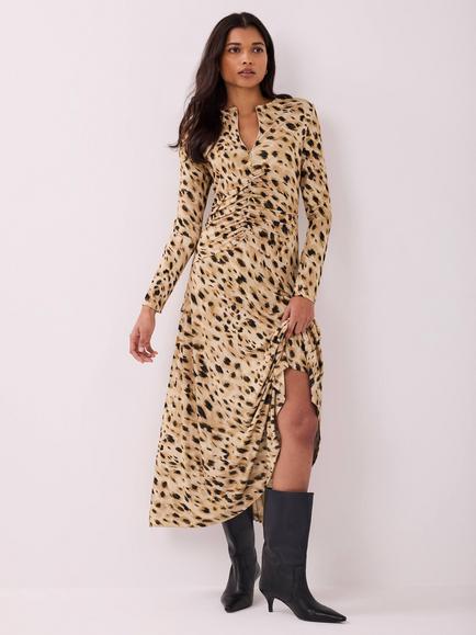 Mint Velvet Animal Print Ruched Waist Midi Dress, Gold/Multi - view 2, Gold/Multi