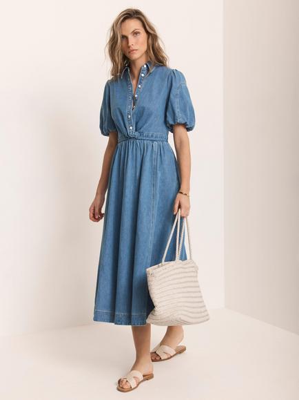 Mint Velvet Twist Detail Denim Shirt Midi Dress, Blue - view 2, Blue