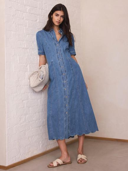 Mint Velvet Scallop Trim Denim Shirt Midi Dress, Blue, Blue