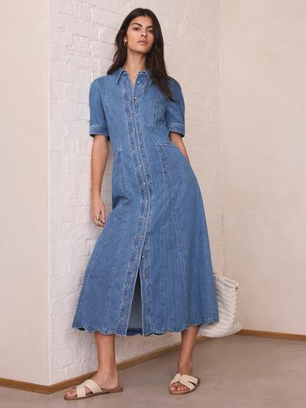 Mint Velvet Scallop Trim Denim Shirt Midi Dress, Blue - view 2, Blue
