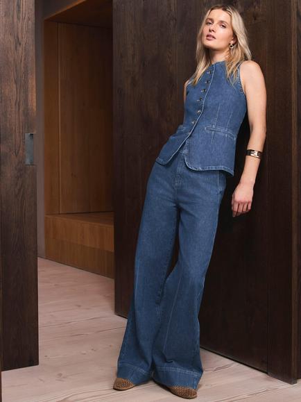 Mint Velvet Buckle Detail Wide Leg Jeans, Mid Indigo - view 2, Mid Indigo
