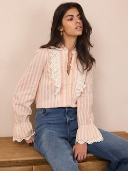 Mint Velvet Broderie Trim Stripe Shirt, Light Pink, Light Pink