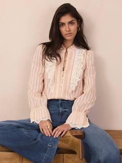 Mint Velvet Broderie Trim Stripe Shirt, Light Pink - view 2, Light Pink