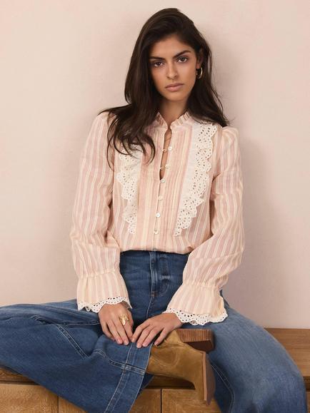 Mint Velvet Broderie Trim Stripe Shirt, Light Pink - view 2, Light Pink