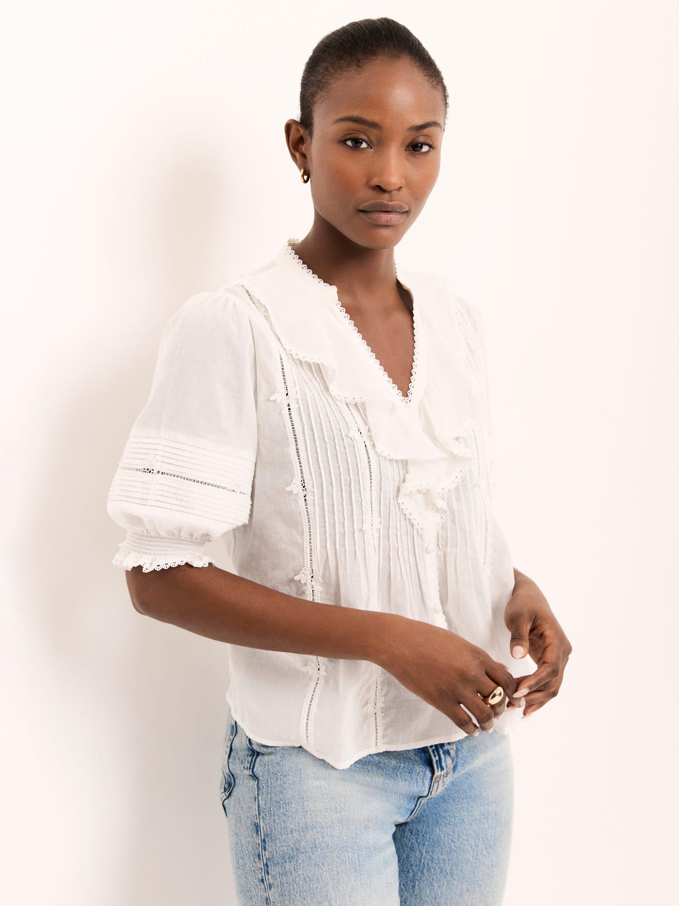Mint Velvet V-Neck Ruffle Trim Top, White Ivory