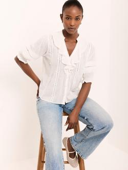 Mint Velvet V-Neck Ruffle Trim Top, White Ivory - view 2, White Ivory