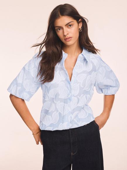Mint Velvet Jacquard Floral Shirt, Blue/Multi, Blue/Multi