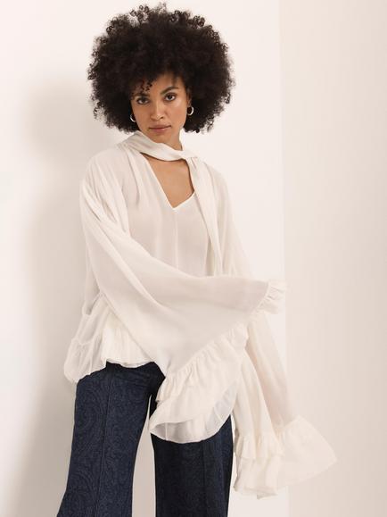 Mint Velvet Tie Neck Ruffle Trim Top, White Ivory, White Ivory