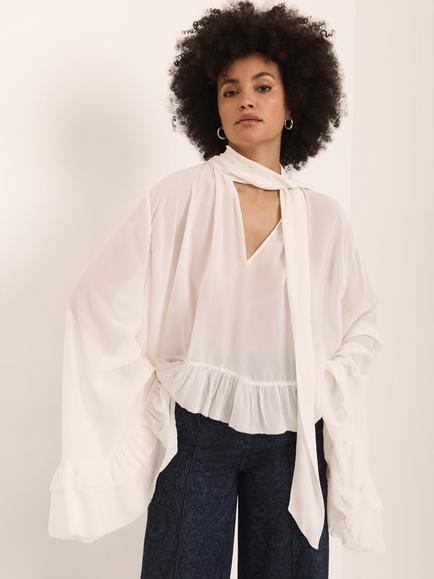 Mint Velvet Tie Neck Ruffle Trim Top, White Ivory - view 2, White Ivory
