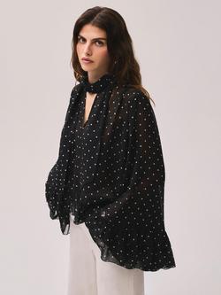 Mint Velvet Polka Dot Ruffle Trim Top, Black/White, Black/White