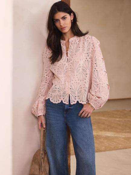 Mint Velvet Scallop Trim Broderie Anglaise Top, Light Pink, Light Pink