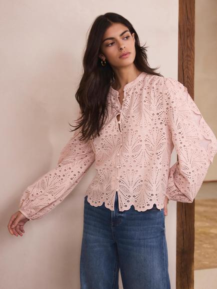 Mint Velvet Scallop Trim Broderie Anglaise Top, Light Pink - view 2, Light Pink