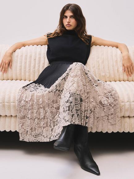 Mint Velvet Pleated Lace Hem Skirt, Black/Multi, Black/Multi