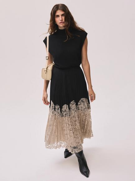 Mint Velvet Pleated Lace Hem Skirt, Black/Multi - view 2, Black/Multi