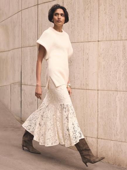 Mint Velvet Lace Midi Skirt, White Ivory - view 2, White Ivory