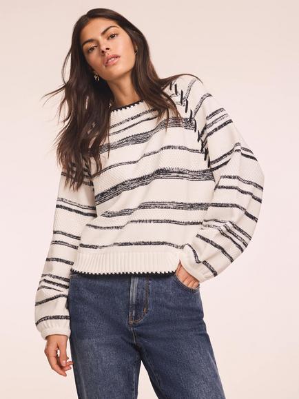Mint Velvet Stripe Stitch Balloon Sleeve Jumper, White Ivory, White Ivory