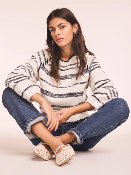 Mint Velvet Stripe Stitch Balloon Sleeve Jumper, White Ivory - view 2, White Ivory