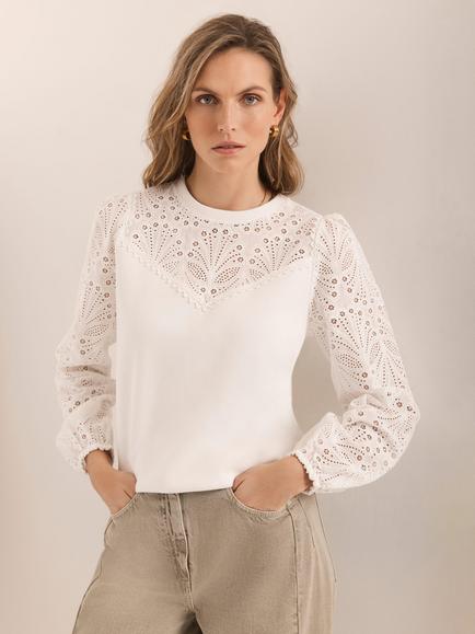 Mint Velvet Broderie Detail Sweatshirt, White Ivory, White Ivory