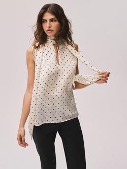 Mint Velvet Tie Neck Polka Dot Top, Natural Cream, Natural Cream