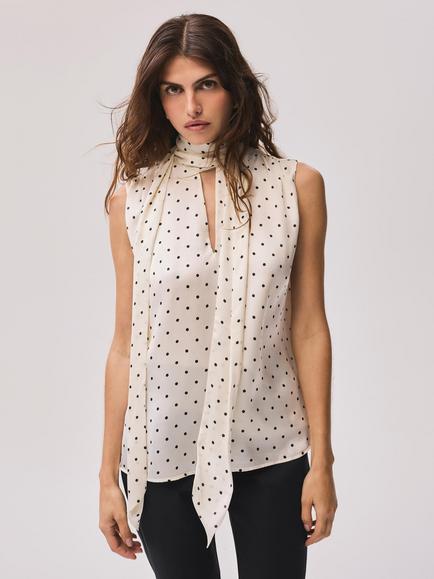Mint Velvet Tie Neck Polka Dot Top, Natural Cream - view 2, Natural Cream