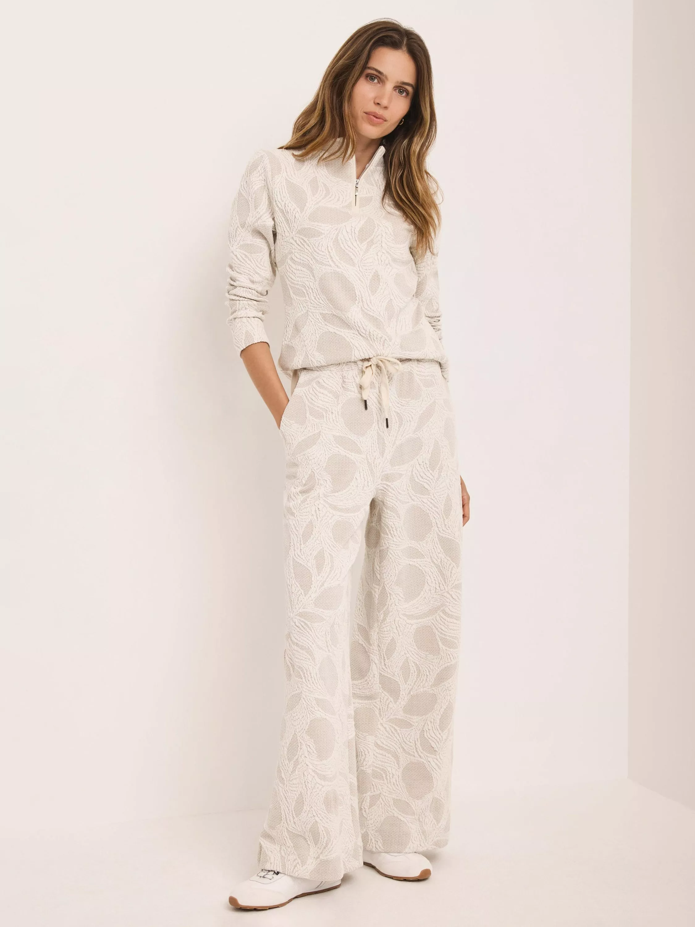 Mint Velvet Half Zip Jacquard Top, Natural Cream