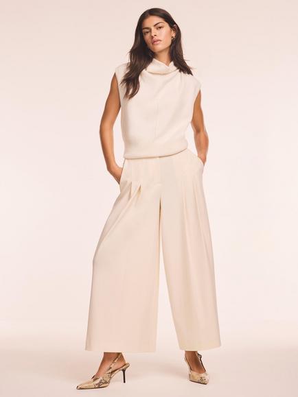 Mint Velvet Pleated Cropped Wide Leg Trousers, Natural Cream, Natural Cream