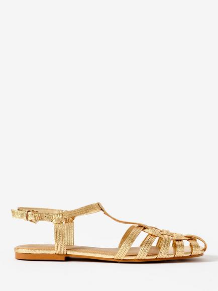 Mint Velvet Hollie Leather Caged Flat Sandals, Gold, Gold