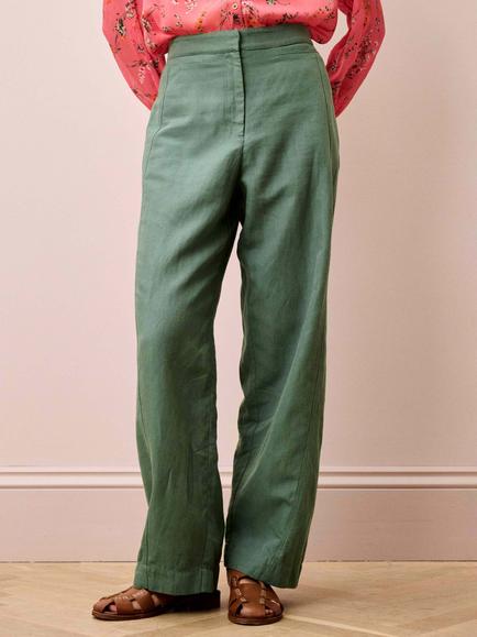Brora High Rise Linen Blend Barrel Leg Trousers, Verdigris, Verdigris