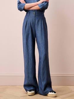 Brora Cross Weave Pure Linen Trousers, Indigo, Indigo