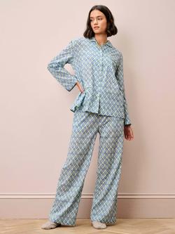 Brora Botanical Button Through Long Pyjama Set, Thyme/Sky, Thyme/Sky
