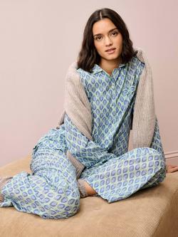 Brora Botanical Button Through Long Pyjama Set, Thyme/Sky - view 2, Thyme/Sky