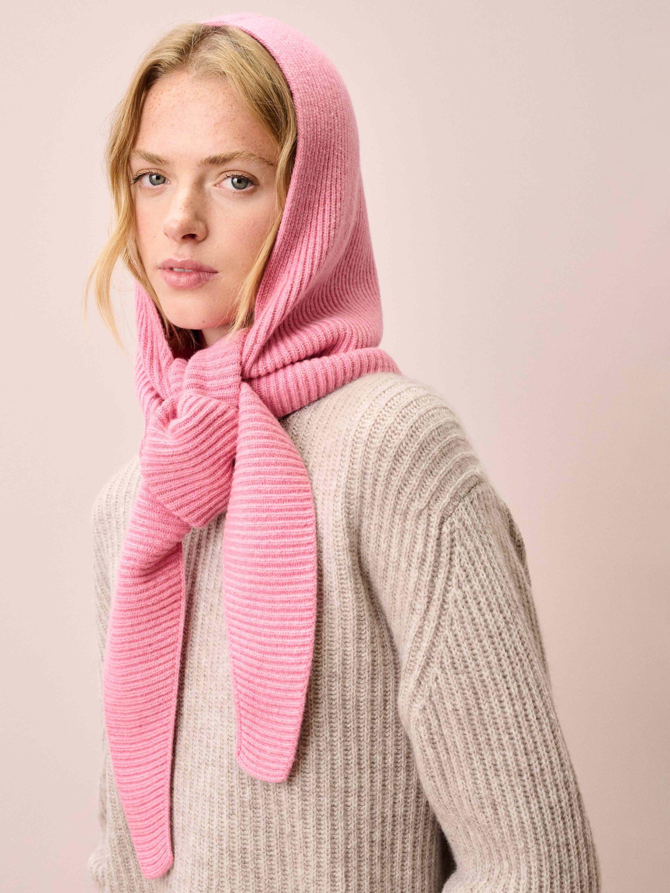Product image 2 of 2, which shows Brora Ribbed Pure Cashmere Hood, Rose, One Size