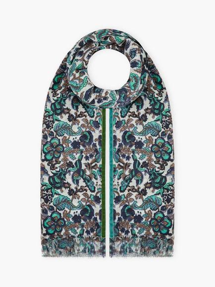 Brora Botanical Pure Wool Stole, Pearl/Indigo, Pearl/Indigo