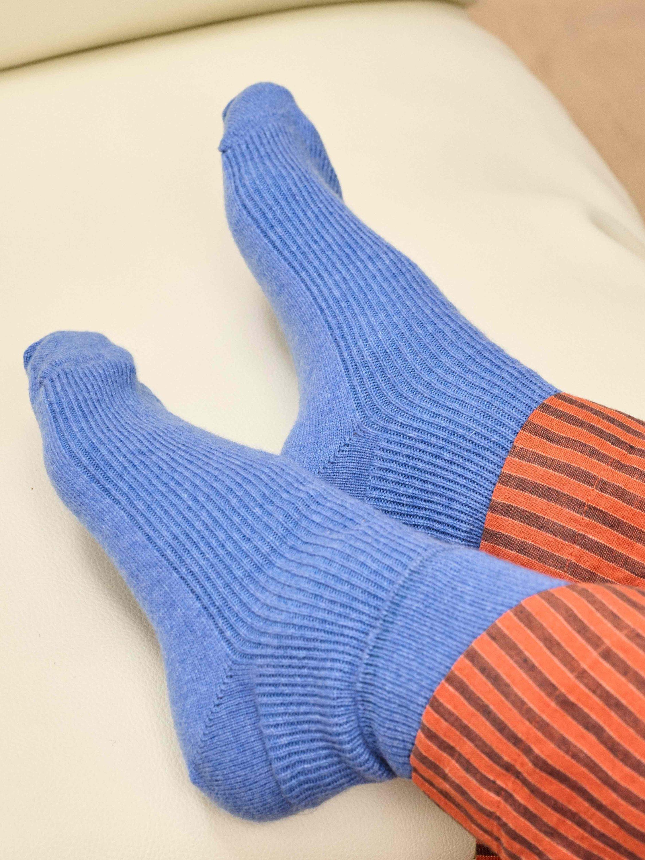 Product image 2 of 2, which shows Brora Ribbed Cashmere Rich Socks, Cornflower, 4-5