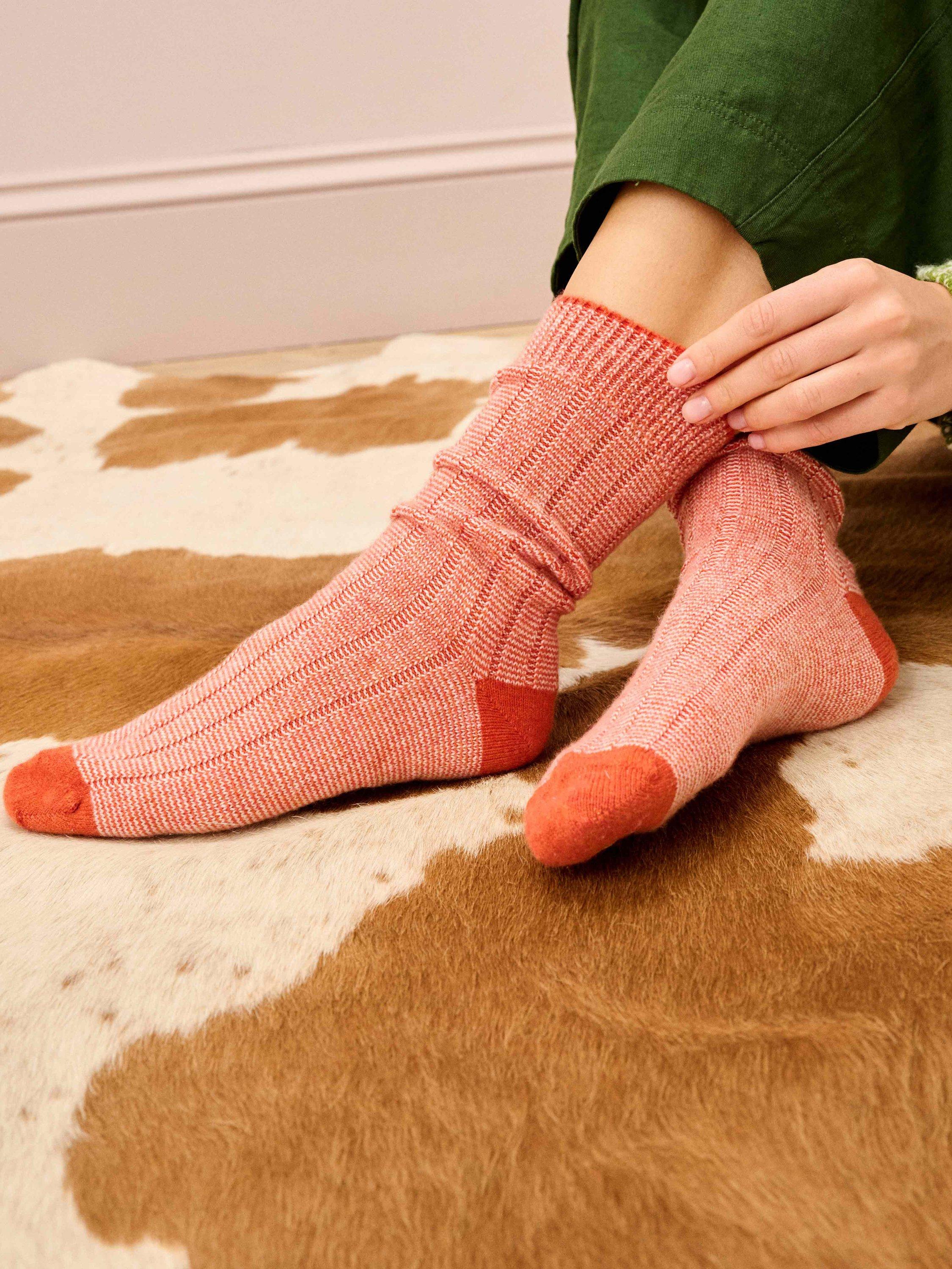 Product image 2 of 2, which shows Brora Stripe Cashmere Rich Socks, Spice/Swan, 4-5