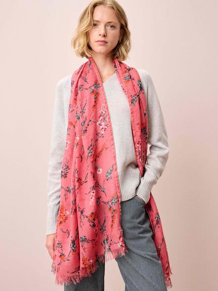 Brora Botanical Pure Wool Scarf, Coral - view 2, Coral