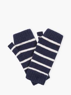 Brora Breton Stripe Pure Cashmere Fingerless Gloves, Navy/White, Navy/White