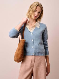 Brora V-Neck Wool Rich Cardigan, Blue, Blue