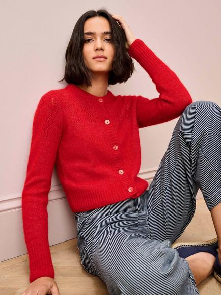 Brora Pointelle Textured Wool Rich Cardigan, Poppy - view 2, Poppy